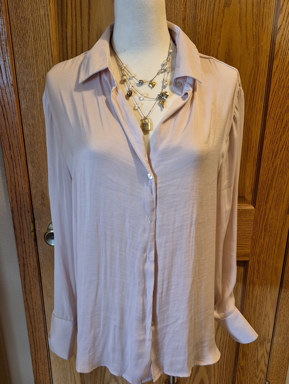 Women's Pale Blush Button-Down Shirt - Lightweight Collared Blouse